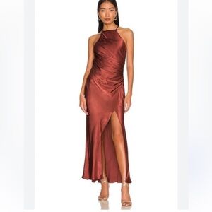 Shona Joy Thalia Gathered Bias Midi Dress Size 6 | Rust Satin Open Back Formal